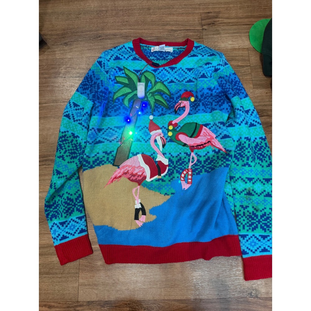 Jolly Sweaters Light Up Ugly Christmas Sweater Mens Medium Flamingo Tropical